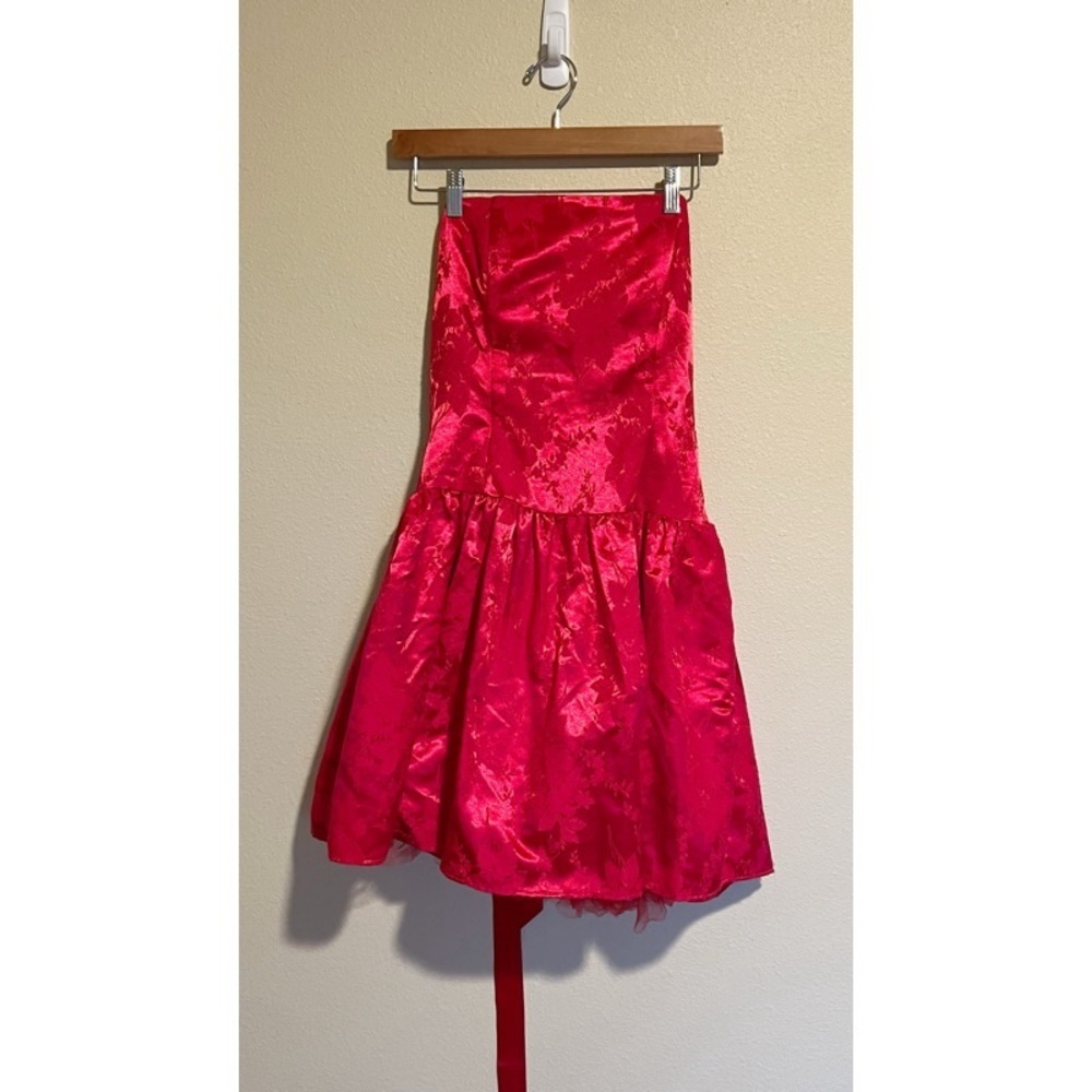 Vintage Gunne Sax Red Floral Satin Lace Up Back Strapless Mini Dress S